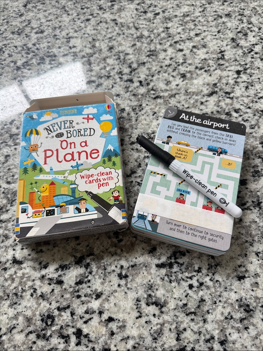 Never Bored On a Plane Wipe-Clean Activity Cards with Pen